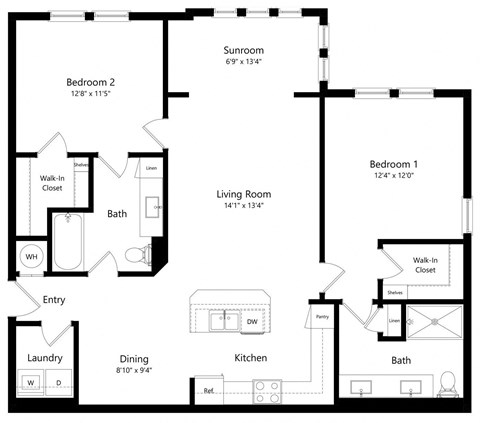 Floor plan for 2 beds, 2 baths, 1248 sqft